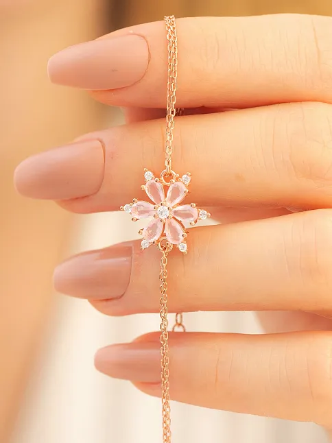 Pembe Taşlı Çiçek Model Rose Kadın Gümüş Bileklik