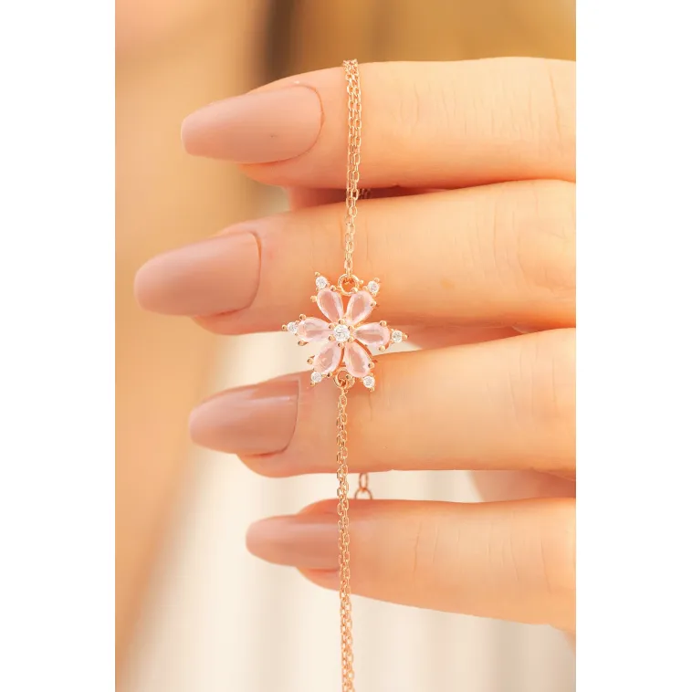 Pembe Taşlı Çiçek Model Rose Kadın Gümüş Bileklik
