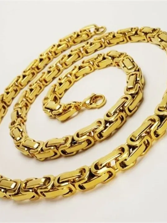 Altın Kaplama Sarı Kral Erkek Çelik Kolye Bileklik Set Orta Kalınlıkta 65cm