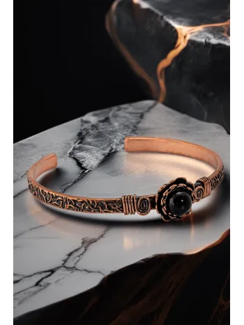 Kadın Bakır Bileklik Yüzük Set - Oniks Taşlı Yuvarlak Ağaç Kabuğu Model İnce Metal Kutu Kuvars Taşı