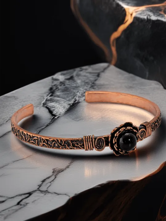 Kadın Bakır Bileklik Yüzük Set - Oniks Taşlı Yuvarlak Ağaç Kabuğu Model İnce Metal Kutu Kuvars Taşı