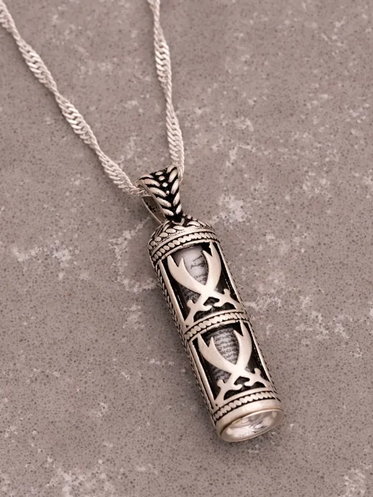 Çift Zülfikarlı Bayan Gümüş Cevşen Kolye Zincir