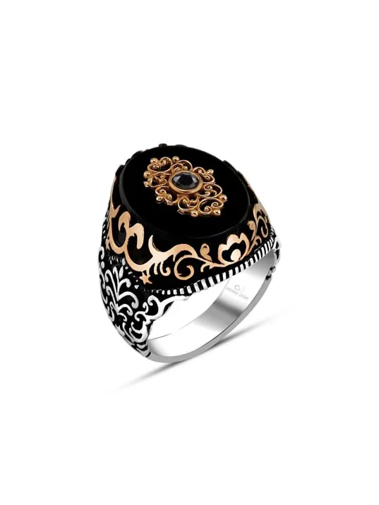Erkek Gümüş Yüzük - Çiçek Motifli Oniks Taşlı 925 Ayar Gümüş Erkek Yüzük