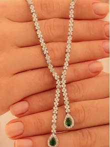 Kadın Gümüş Kolye - Peri Zümrüt Taşlı Damla Model Kadın Kolye