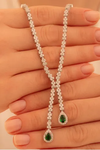 Kadın Gümüş Kolye - Peri Zümrüt Taşlı Damla Model Kadın Kolye