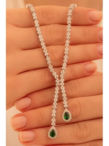 Kadın Gümüş Kolye - Peri Zümrüt Taşlı Damla Model Kadın Kolye
