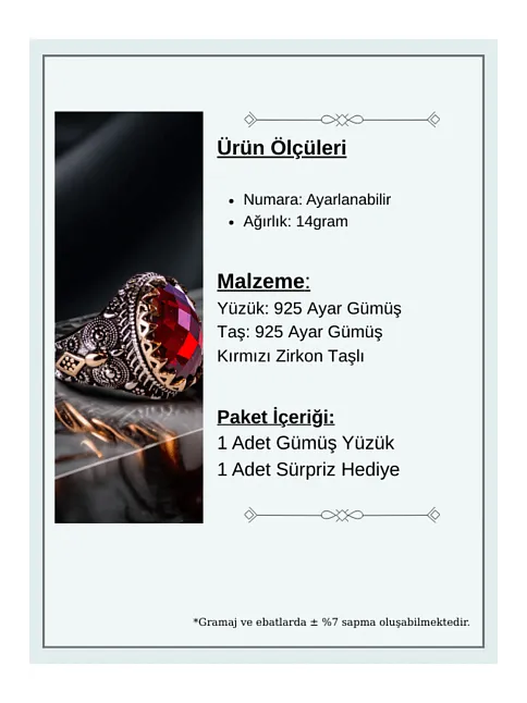 Erkek Kırmızı Zirkon Taşlı Desenli 925 Ayar Gümüş Yüzük