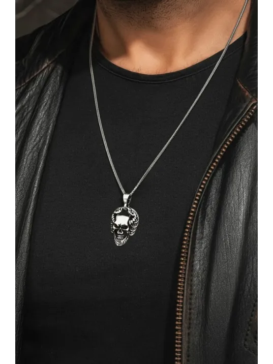 Erkek Gümüş Kolye - Boynuzlu Kuru Kafa Model Gümüş Kolye