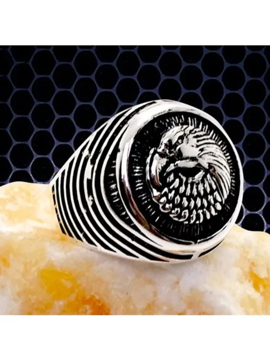 Erkek Gümüş Yüzük - Kartal Figürlü Oval Tasarım Gümüş Erkek Yüzük