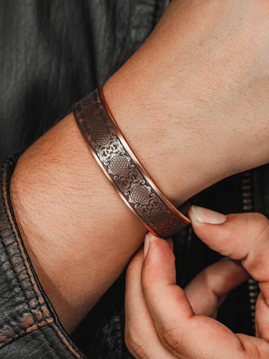 Erkek Bakır Bileklik - Lotus Çiçeği - Yaşam Çiçeği Erkek Kelepçe Bileklik Bilezik