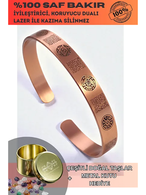İnce Bakır Bileklik Silinmez Zırh Koruma Dualı Celcelutiye Metal Kutu Doğal Taş Kadın Erkek Bilezik