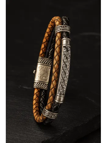 Gümüş Desenli Çift Renk Deri Erkek Bileklik – Siyah Taba Örgü