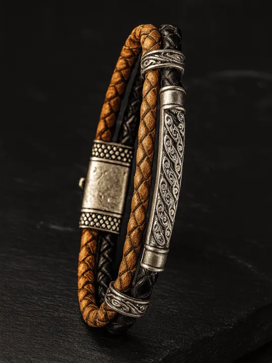 Gümüş Desenli Çift Renk Deri Erkek Bileklik – Siyah Taba Örgü Gümüş Desenli Çift Renk Deri Erkek Bileklik – Siyah Taba Örgü