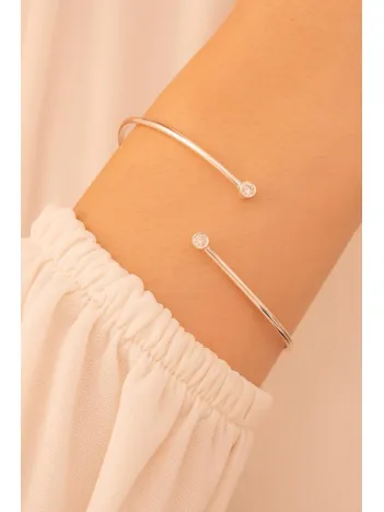 Kadın Gümüş Bileklik - Kadın Kelepçe - El Yapımı Gümüş Çift Zirkon Taşlı Zarif İnce Kadın Bileklik