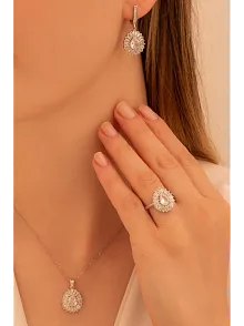Kadın Gümüş Set - Damla Model Zirkon Taşlı Baget Süslemeli Rodyumlu Kadın Set