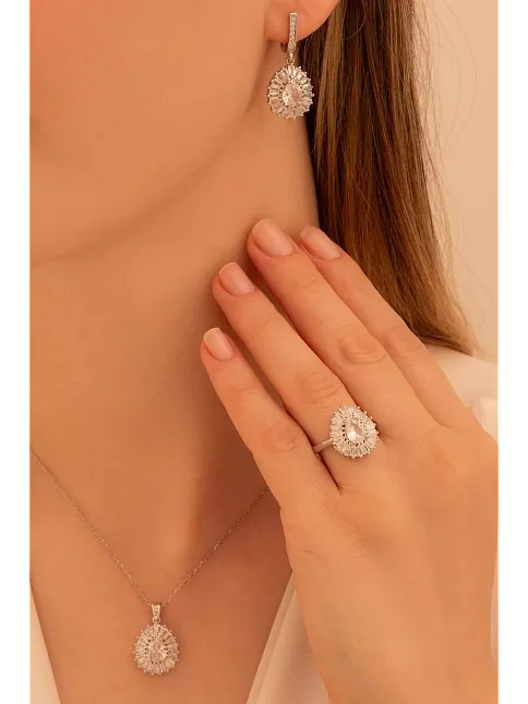 Kadın Gümüş Set - Damla Model Zirkon Taşlı Baget Süslemeli Rodyumlu Kadın Set