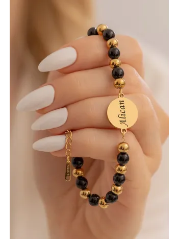 Kadın Çelik Bileklik - Oniks Taşı Çelik Lak Kaplamalı İsim Veya Harf Yazılabilir  Kadın Bileklik