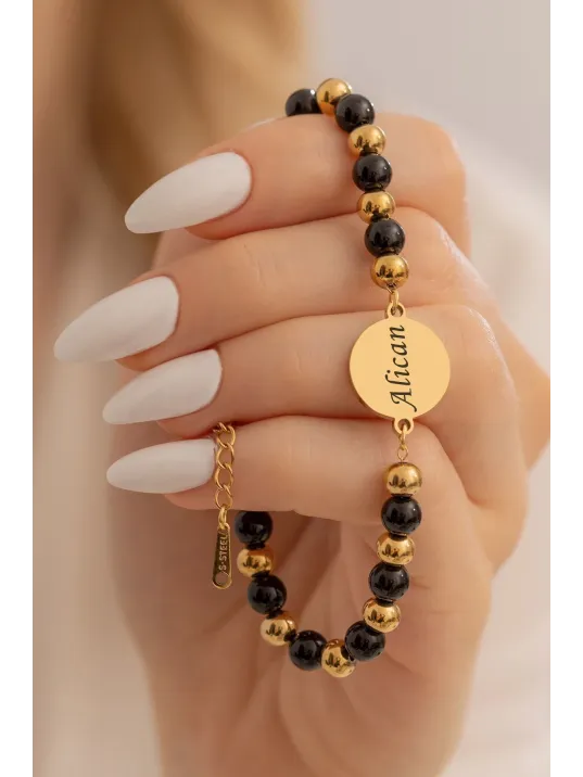 Kadın Çelik Bileklik - Oniks Taşı Çelik Lak Kaplamalı İsim Veya Harf Yazılabilir Kadın Bileklik Kadın Çelik Bileklik - Oniks Taşı Çelik Lak Kaplamalı İsim Veya Harf Yazılabilir Kadın Bileklik