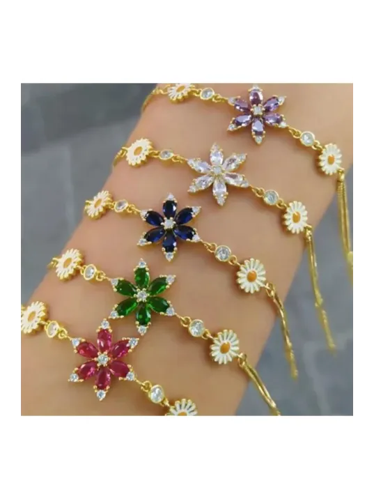 Altın Kaplama Nergis Çiçeği Zirkon Taşlı Gümüş Bileklik-Mor