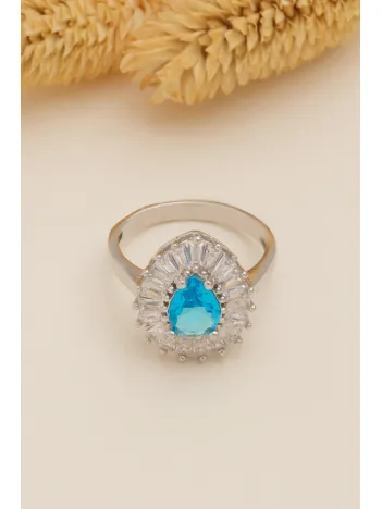 Kadın Gümüş Yüzük - Damla Model Mavi Topaz Taşlı Baget Süslemeli Rodyumlu Kadın Yüzük