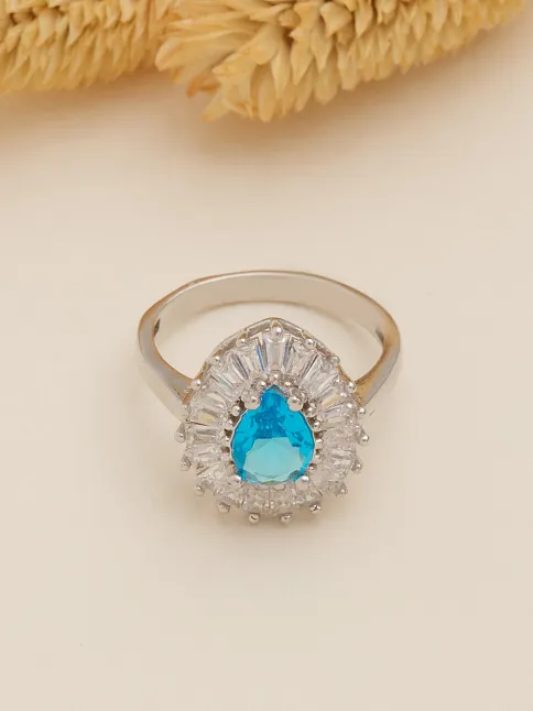 Kadın Gümüş Yüzük - Damla Model Mavi Topaz Taşlı Baget Süslemeli Rodyumlu Kadın Yüzük