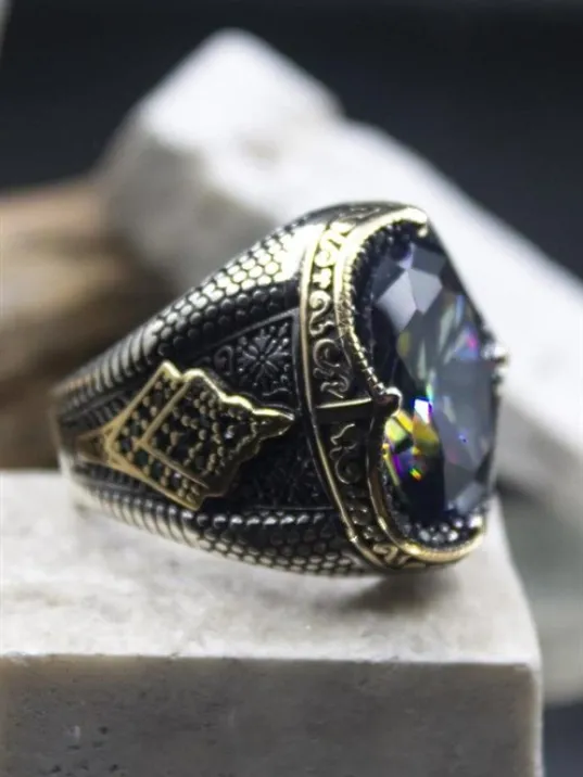 Mistik Topaz Taşlı Yanı Markazit Süslemeli Erkek 925  Ayar Gümüş Yüzük