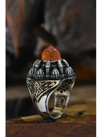 İslam Usta Tasarımı Turuncu Kubbe Model Gümüş Erkek Yüzük GYZISLMSTM8-GMS