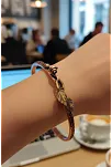 Kadın Bakır Bileklik - Çift Yaprak Motifli Kelepçe Model Bileklik Bilezik Metal Kutu Ve Doğal Taşlar
