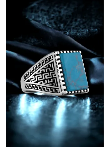 Erkek Gümüş Yüzük - 925 Ayar Grek Desenli Firuze Mavi Taşlı Gümüş Yüzük