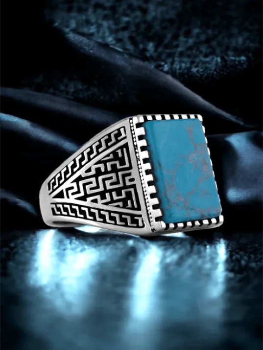 Erkek Gümüş Yüzük - 925 Ayar Grek Desenli Firuze Mavi Taşlı Gümüş Yüzük Erkek Gümüş Yüzük - 925 Ayar Grek Desenli Firuze Mavi Taşlı Gümüş Yüzük