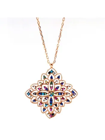 Renkli Zirkon Taşlı Otantik Tasarım Bayan Gümüş Kolye