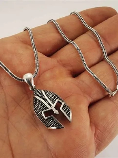 Gladyatör Otantik Savaşçı Miğferi Gümüş Erkek Kolye Zincir