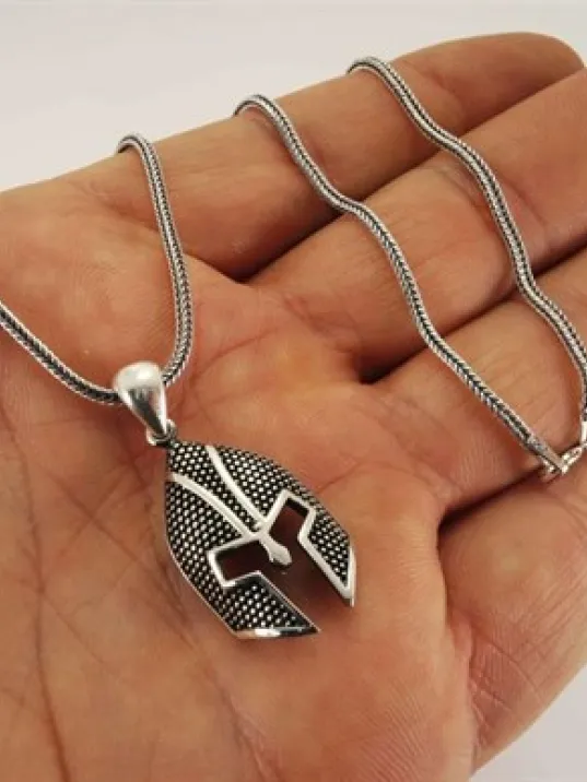 Gladyatör Otantik Savaşçı Miğferi Gümüş Erkek Kolye Zincir