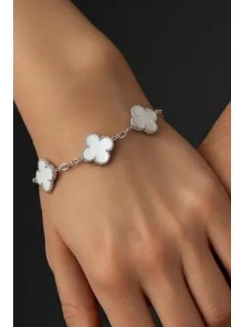 Kadın Gümüş Bileklik - Şans Dört Yaprak Motifli Oniks Taşlı Bilezik