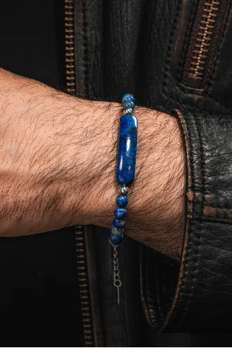 Erkek Kadın Doğal Taş Bileklik - Lapis Doğal taş Çelik Halat Ve Çelik Klipsli Bileklik