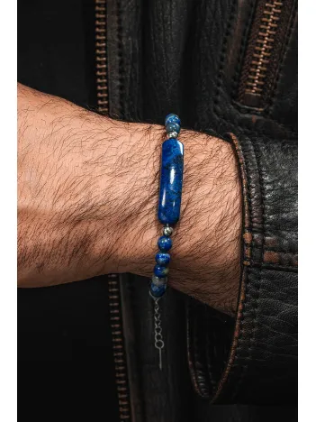 Erkek Kadın Doğal Taş Bileklik - Lapis Doğal taş Çelik Halat Ve Çelik Klipsli Bileklik