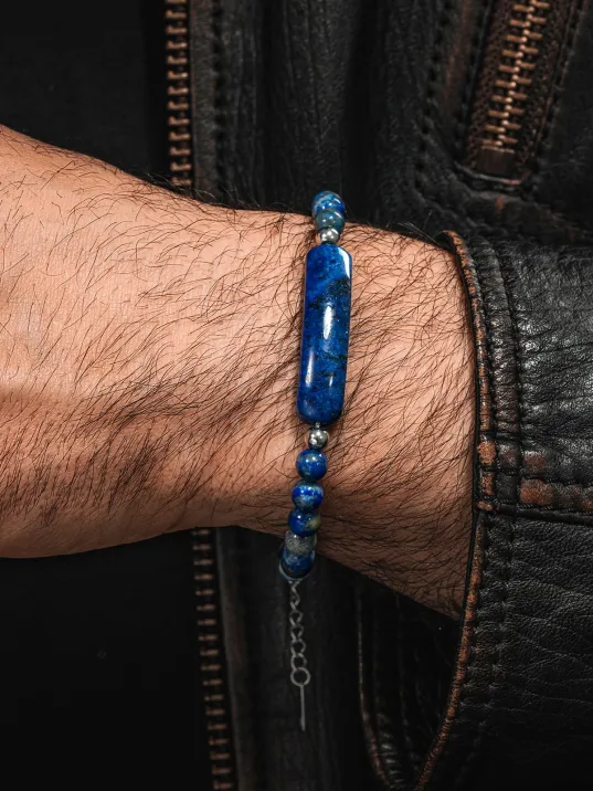Erkek Kadın Doğal Taş Bileklik - Lapis Doğal taş Çelik Halat Ve Çelik Klipsli Bileklik