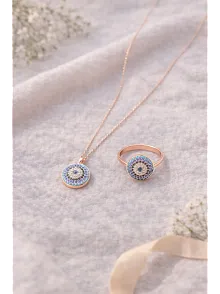 Kadın Kolye Yüzük Set - Rose Kaplama Nazar Boncuğu Motifli Kadın Set