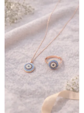 Kadın Kolye Yüzük Set - Rose Kaplama Nazar Boncuğu Motifli Kadın Set Kadın Kolye Yüzük Set - Rose Kaplama Nazar Boncuğu Motifli Kadın Set