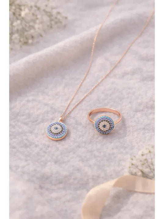 Kadın Kolye Yüzük Set - Rose Kaplama Nazar Boncuğu Motifli Kadın Set