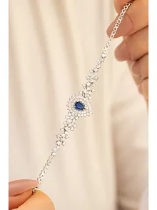 Kadın Gümüş Bileklik - 925 Ayar Gümüş Zirkon Ve Safir Taşlı Çise Model Kadın Bileklik