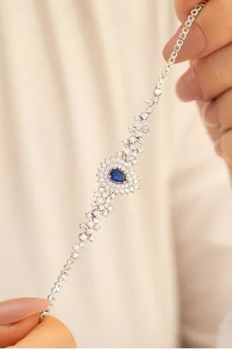 Kadın Gümüş Bileklik - 925 Ayar Gümüş Zirkon Ve Safir Taşlı Çise Model Kadın Bileklik