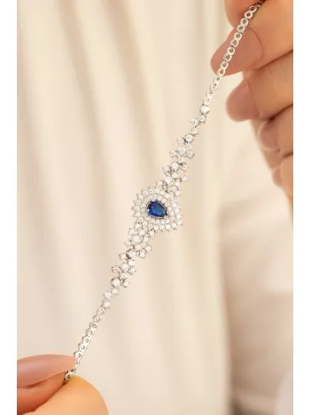 Kadın Gümüş Bileklik - 925 Ayar Gümüş Zirkon Ve Safir Taşlı Çise Model Kadın Bileklik