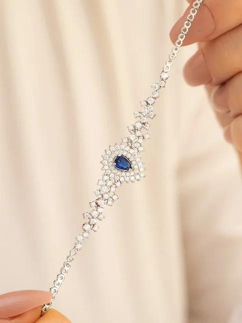 Kadın Gümüş Bileklik - 925 Ayar Gümüş Zirkon Ve Safir Taşlı Çise Model Kadın Bileklik