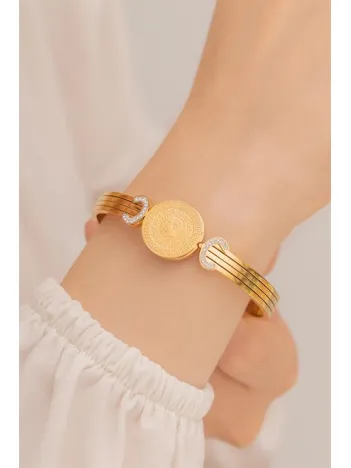 Kadın Bileklik-22 Ayar Gerçek Altın Kaplama(kararmaz) Çelik Kadın Kelepçe-Çeyrekli Altın Kaplama Çelik