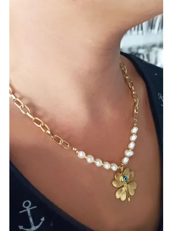 Gold Kaplama Altın Renk İnci Kalpli Nazar Boncuklu Yonca Bijuteri Zincirli Kolye Gold Kaplama Altın Renk İnci Kalpli Nazar Boncuklu Yonca Bijuteri Zincirli Kolye