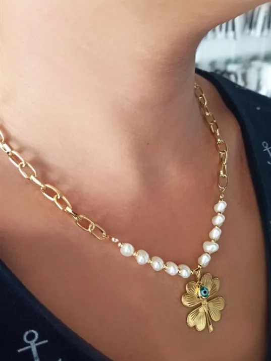 Gold Kaplama Altın Renk İnci Kalpli Nazar Boncuklu Yonca Bijuteri Zincirli Kolye Gold Kaplama Altın Renk İnci Kalpli Nazar Boncuklu Yonca Bijuteri Zincirli Kolye