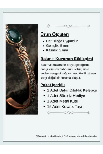 Bakır Kelepçe Bilezik Yeşil Akik Doğal Taş Erkek Kadın Doğal Taşlı ve Metal Kutulu