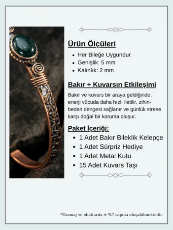 Bakır Kelepçe Bilezik Yeşil Akik Doğal Taş Erkek Kadın Doğal Taşlı ve Metal Kutulu