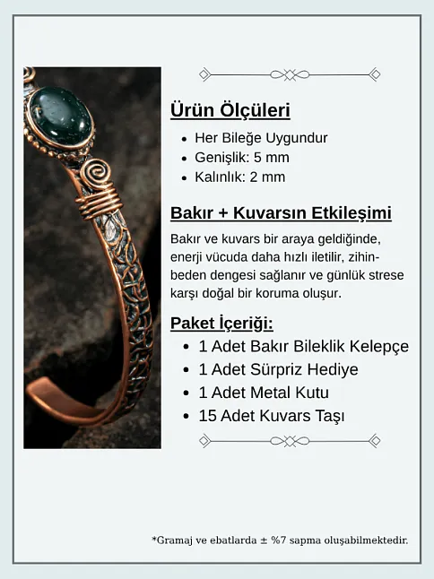 Bakır Kelepçe Bilezik Yeşil Akik Doğal Taş Erkek Kadın Doğal Taşlı ve Metal Kutulu